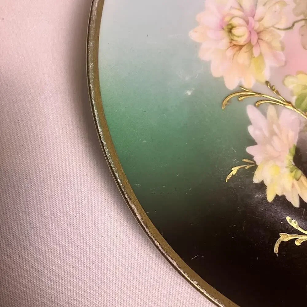 Antique Three Crown China Germany Floral Cabinet Plate Gold Trim Mums 8.5”